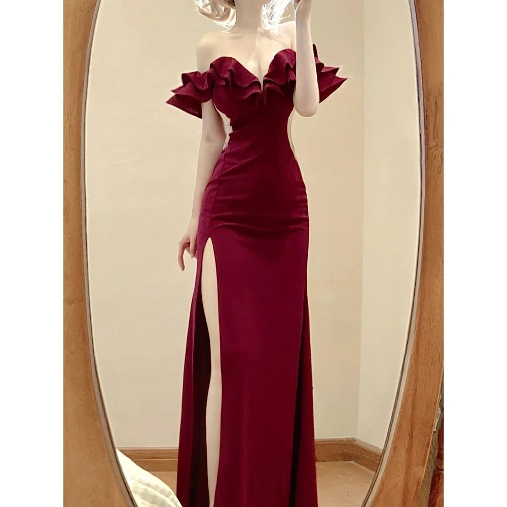 Red Sexy Backless High Waist Split Ruffles Package Hip Dress Elegant Off Shoulder Party Evening Dresses Women 2025 Summer Dress
