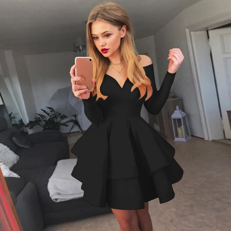 BKLD Autumn Clothes 2026 Solid Color Long Sleeve Sexy Clubwear V-Neck Off The Shoulder Evening Party Dress Red Dresses For Woman