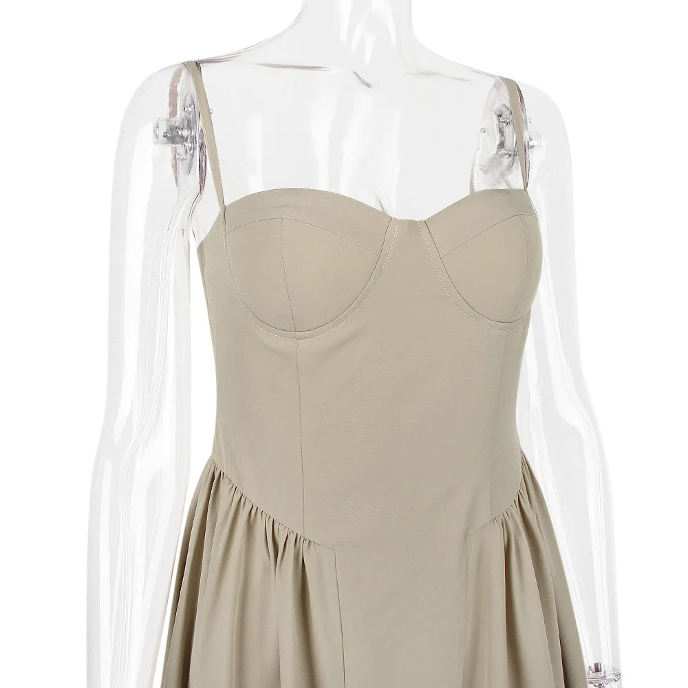 Summer Women Elegant Sleeveless Backless Pleated Dresses Lady Sexy Solid Sling Midi Dress 2024 Female Party Evening A-line Robes