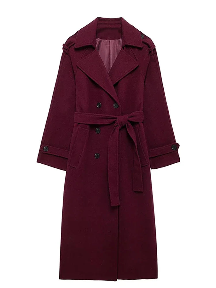 Elegant Faux Wool Long Coats With Belts 2024 Autumn Winter Women's Lapel Overcoat Chic Double Breasted Lady Jacket High Ste=reet