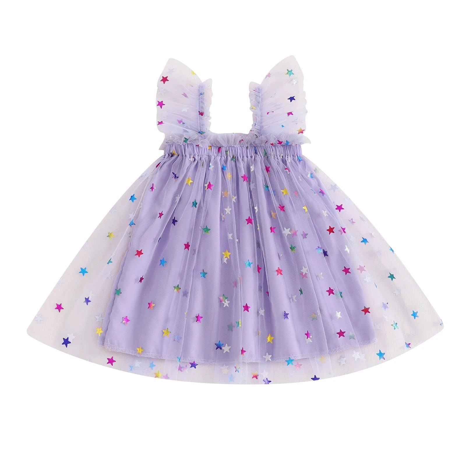 MISOWMNJOY Summer Chiffon Baby Girl Tulle Dresses Princess Glitter Flower Print Fly Sleeve Square Neck Kids Sundress Clothes