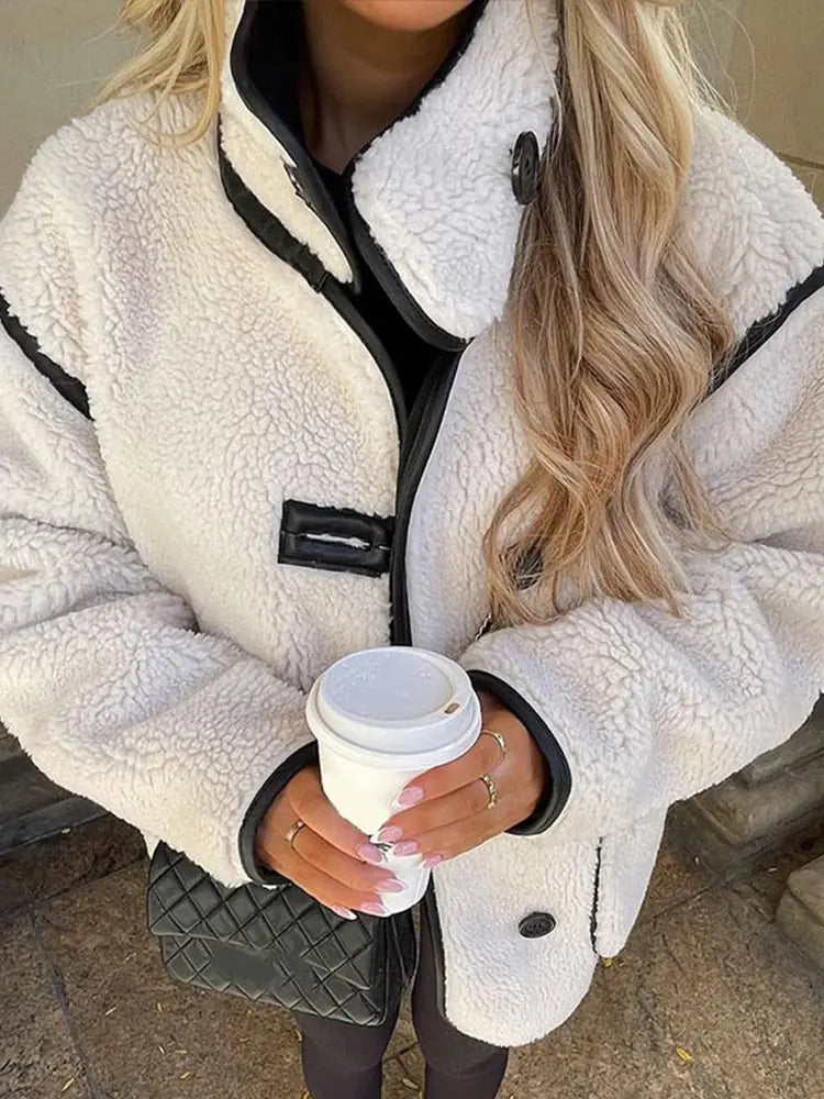 Casual Faux Wool Patchwork Jacket Women Turtleneck Full Sleeve Single Breasted Female Jackets 2024 Autumn Winter Loose Lady Coat