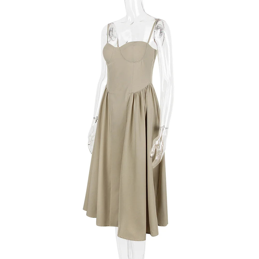 Summer Women Elegant Sleeveless Backless Pleated Dresses Lady Sexy Solid Sling Midi Dress 2024 Female Party Evening A-line Robes