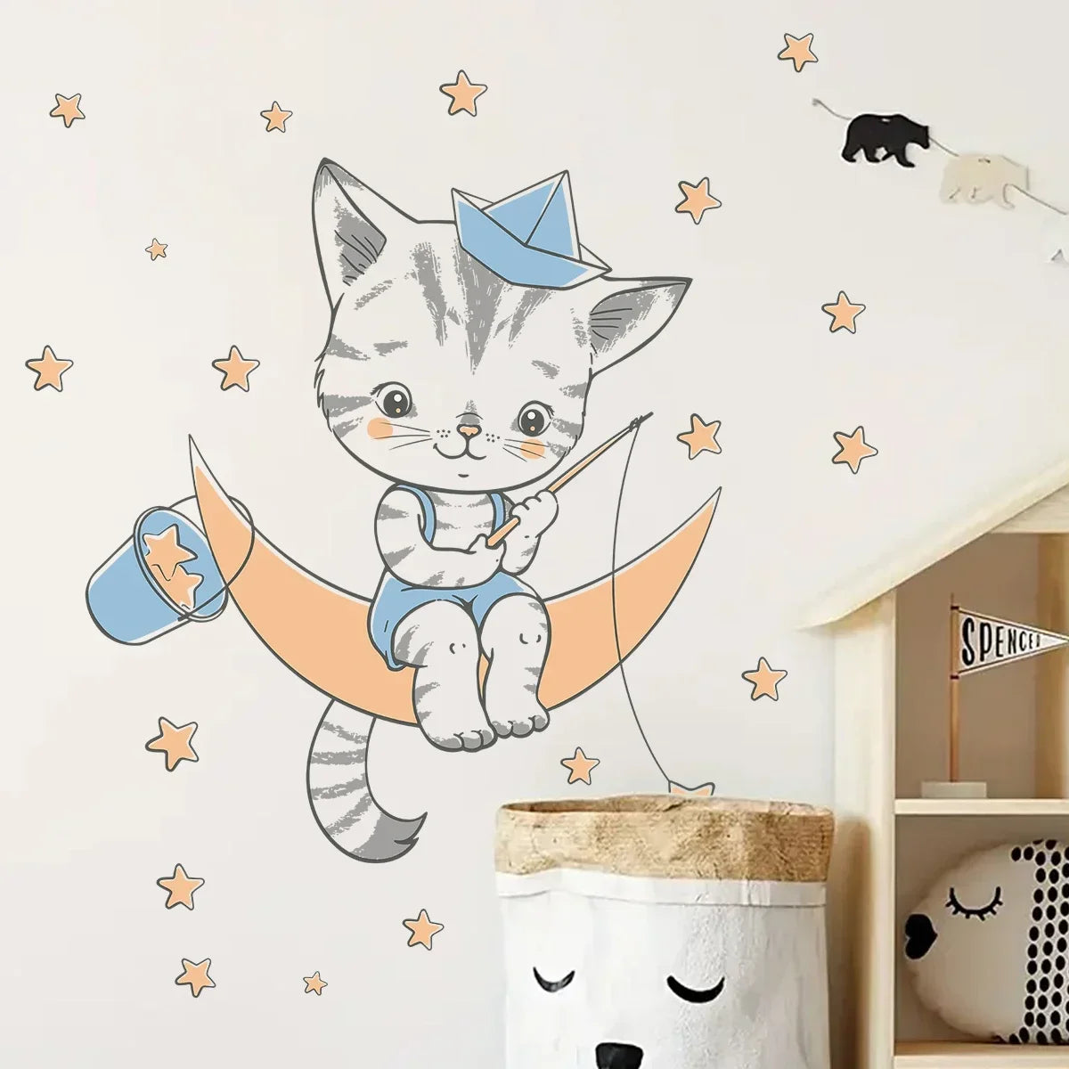 1Pc Cartoon Cute Cat Wall Sticker for Door Wall Decoration Children's Room Bedroom Wall Decals Kids Room Decor Living Room DIY