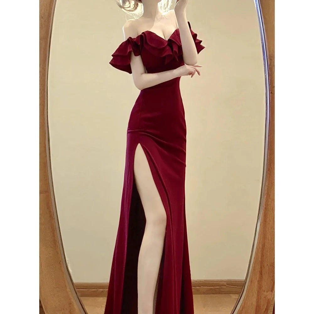 Red Sexy Backless High Waist Split Ruffles Package Hip Dress Elegant Off Shoulder Party Evening Dresses Women 2025 Summer Dress