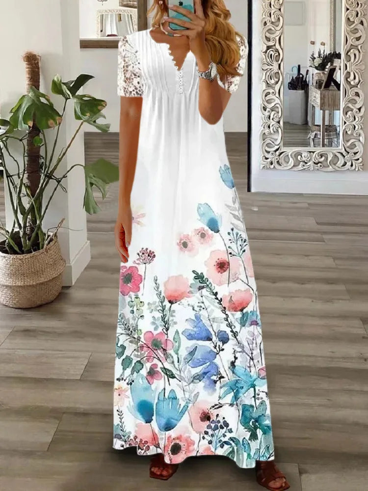 Woman Dress Superior Quality Summer Lace Sleeve V Neck A Line Solid Color Dresses Casual Vestidos Dropshipping JYFZ1690