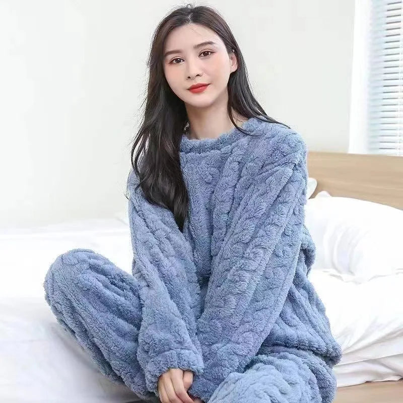 Autumn Women Solid Warm 2 Piece Sets Thicken Velvet Ribbed Fleece Set Pullover And Pants Women Casual Pajama Sets 2024