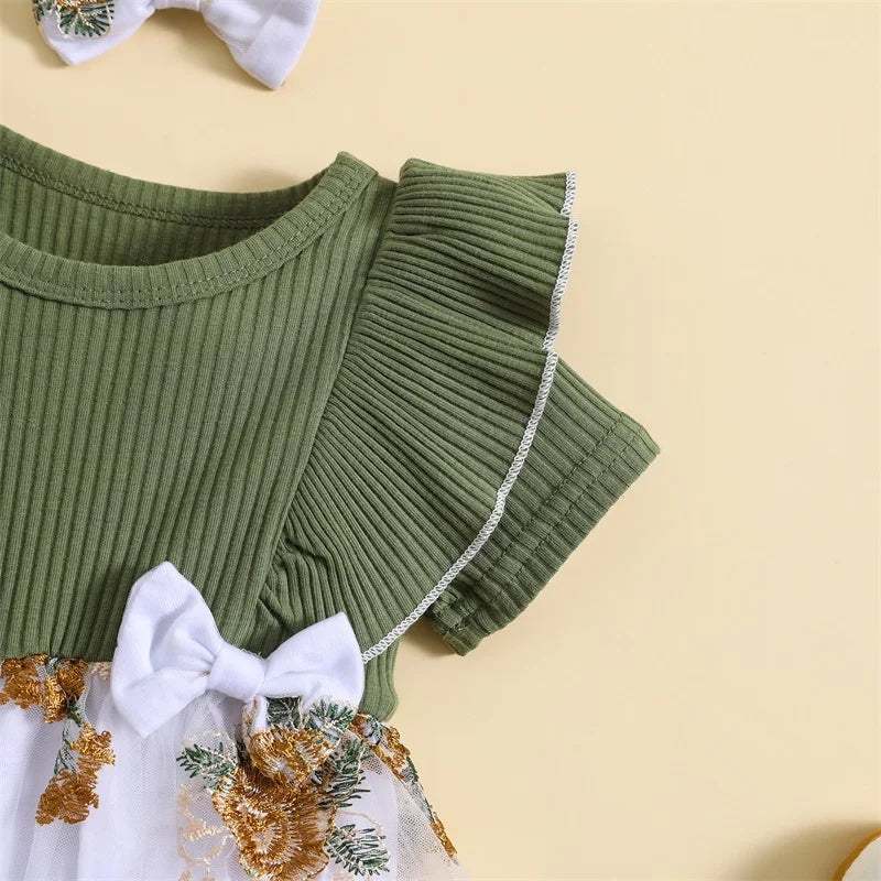 Infant Newborn Baby Girl Romper Dress Flower Embroidery Knit Rib Ruffles Crew Neck Jumpsuit Summer Bodysuit Bow Headband