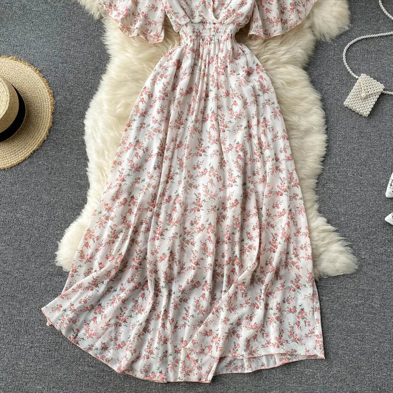 Retro Floral Print Ruffle Chiffon Elegant Midi Dress A-line V Neck Beach Vacation Dress Women Korean Fashion Summer Vestidos
