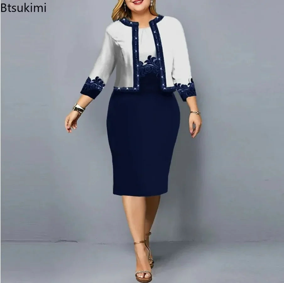 2024 Women's Elegant Digital Print 2 Piece Dress Set O-Neck Slim Fit Pencil Dress+O-Neck 3/4 Sleeve Short Coat Female Dress Sets