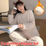 Autumn Women Solid Warm 2 Piece Sets Thicken Velvet Ribbed Fleece Set Pullover And Pants Women Casual Pajama Sets 2024