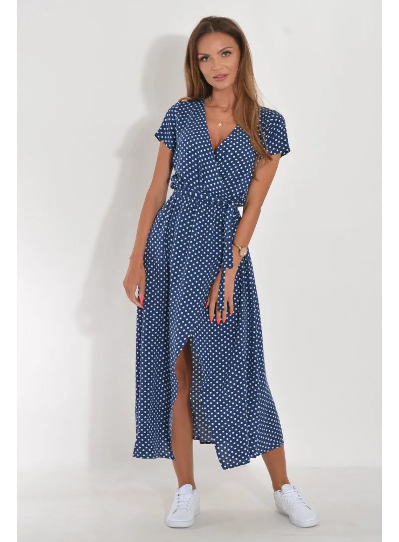 Summer Polka Dot Split Hem Long Dress Women 2023 New Fashion V Neck Print Sundress Vestidos Short Sleeved Waisted Lace-up Dress