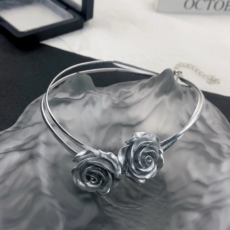 Silver Color Trendy Rose Flower Pendant Clavicular Chain For Women Double Layer Leather Choker Y2K Necklace Temperament Jewelry