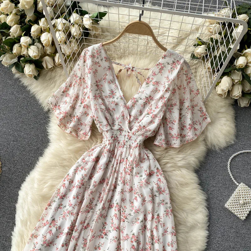 Retro Floral Print Ruffle Chiffon Elegant Midi Dress A-line V Neck Beach Vacation Dress Women Korean Fashion Summer Vestidos