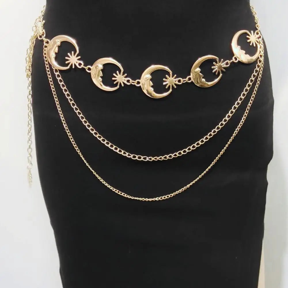 Punk Hip Hop Layered All-match Waist Chain Moon Vintage Metal Womans Belt For Dress Vintage High Waist Chain Belt for Women