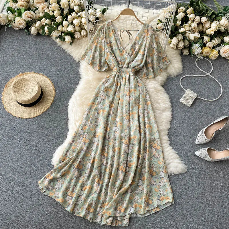 Retro Floral Print Ruffle Chiffon Elegant Midi Dress A-line V Neck Beach Vacation Dress Women Korean Fashion Summer Vestidos