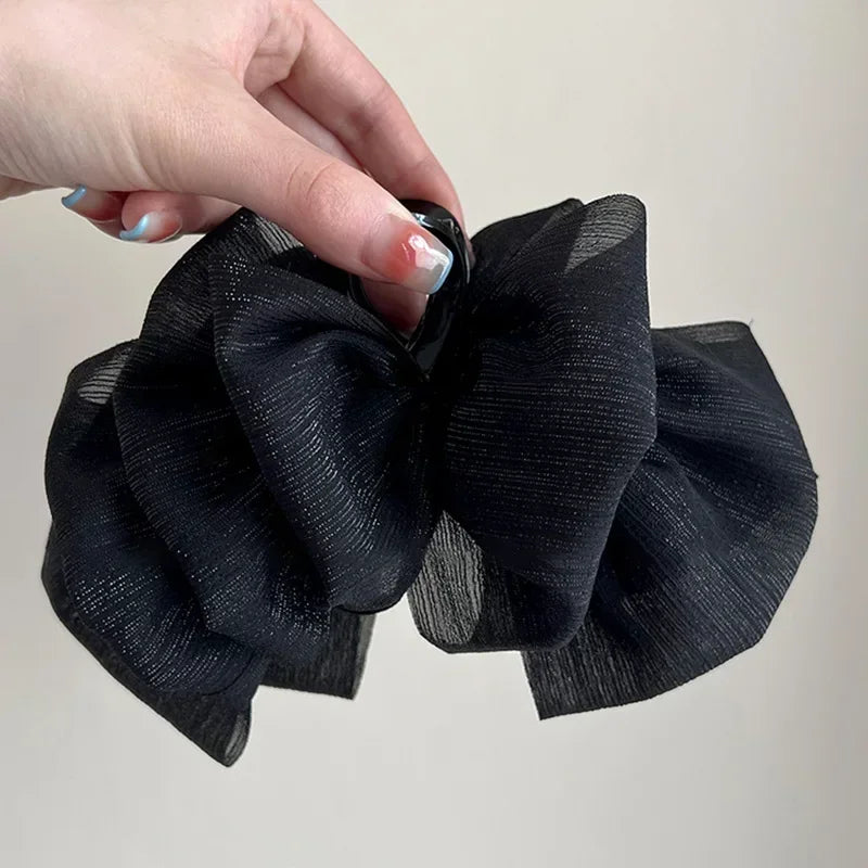 Black Fabric Mesh Bow Acrylic New Hair Claws for Women Korean Temperament Fairycore Shark Clips Fashion Personality Accessories