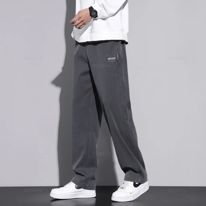 New Upgraded Soft Cosy Lyocell Fabric Men's Pants Autumn Winter Baggy Straight Elastic Waist Thick Casual Wide Trousers Male 5XL