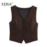 EDSA Women Brown Waistcoat with Side Vents Single Breasted Sleeveless V-neck Vest for Female Top