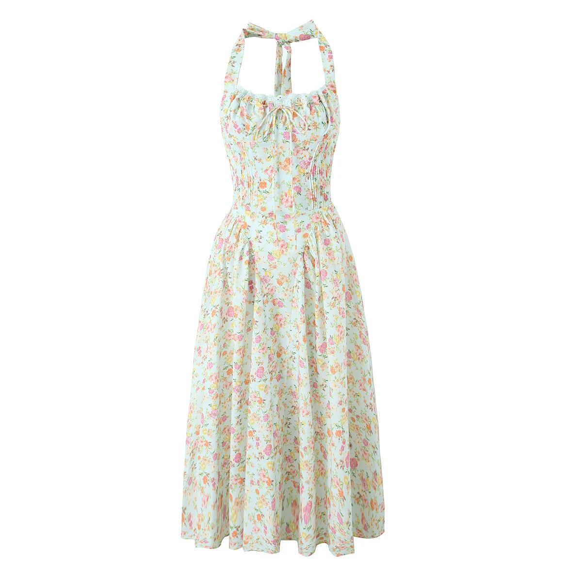 YENKYE Lace Trim Floral Print Halter Dress For Women Sexy Backless Low Waist Midi Summer Dresses Holiday Party Robe
