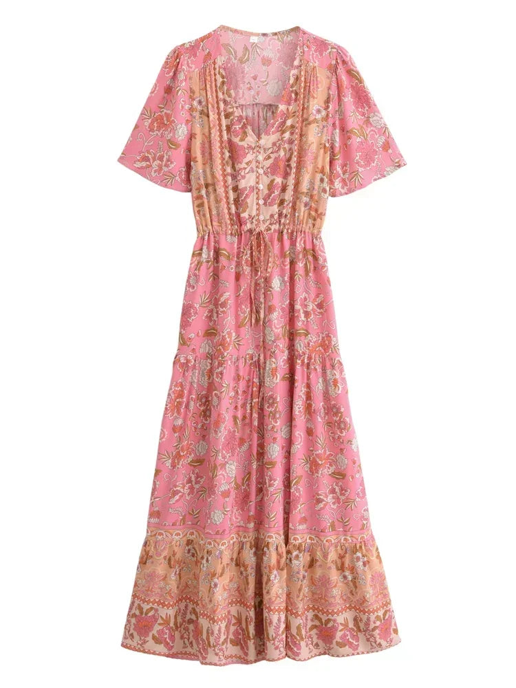 Happie Queens Women Floral Print Tie Neck Beach Bohemian Maxi Dresses Ladies Rayon Cotton Boho Pleated Dress Vestidos