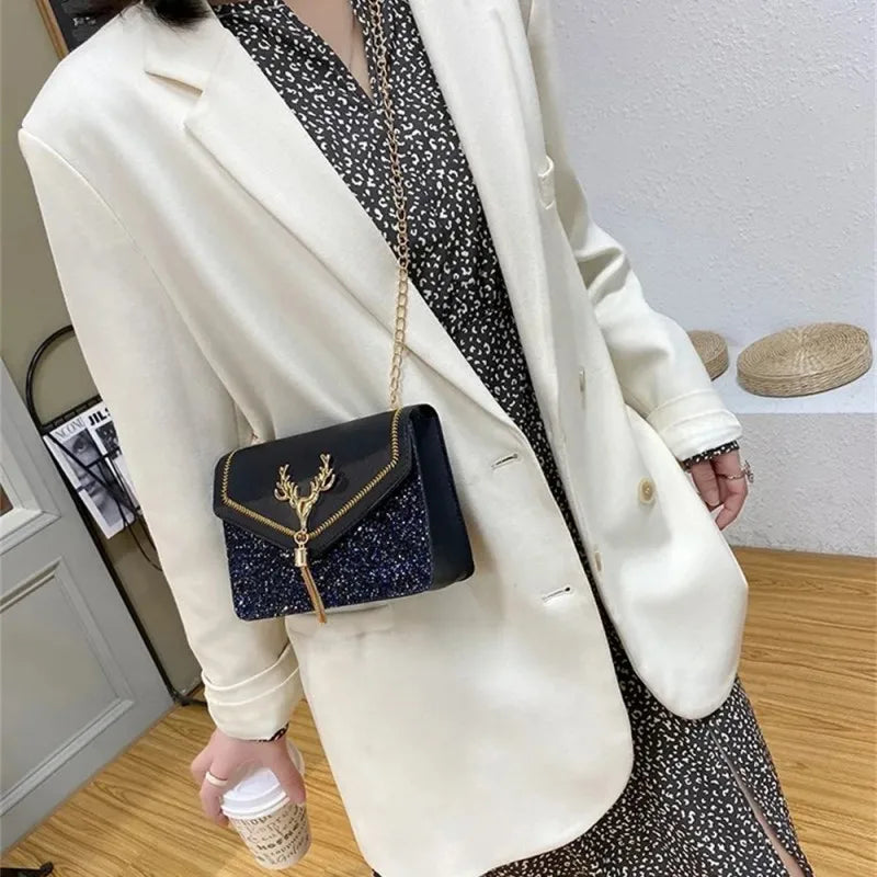 Women Fashion Shoulder Bag Deer Head Pendant Decoration Crossbody Bag Leather Button Underarm Luxury Chain Lady Small Square Bag