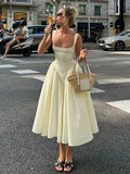 Elegant Sleeveless Pleat Mini Dress High Waist Square Neck Yellow Plaid Patchwork A-line Chic Women Robe 2025 Fashion Streetwear