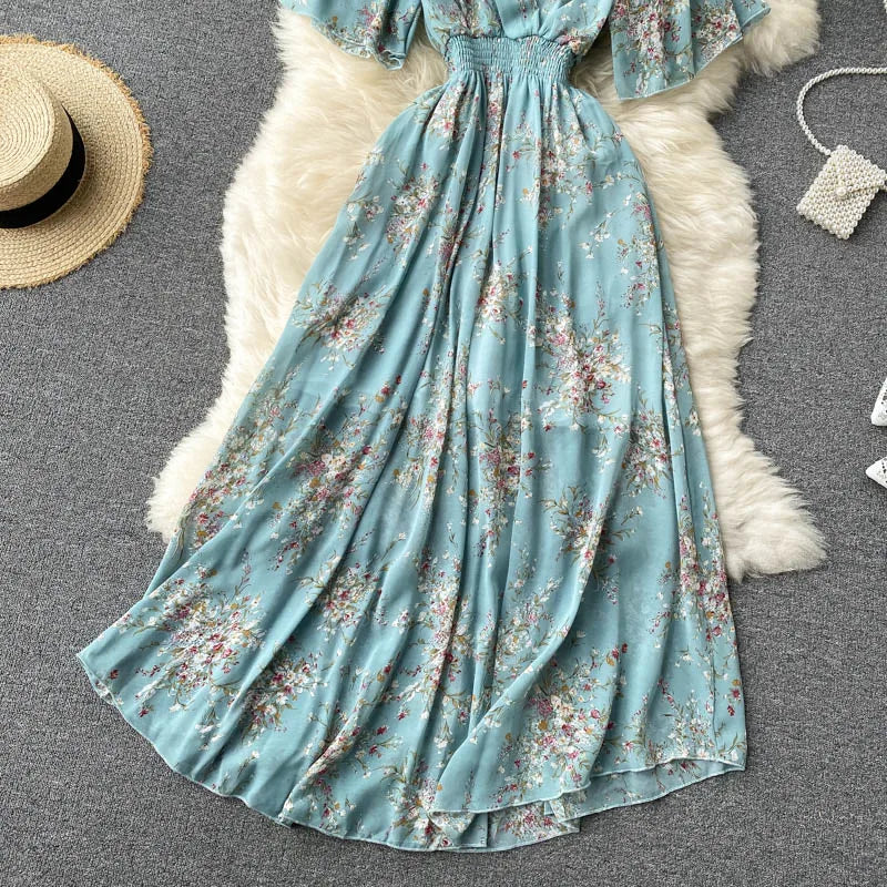 Retro Floral Print Ruffle Chiffon Elegant Midi Dress A-line V Neck Beach Vacation Dress Women Korean Fashion Summer Vestidos