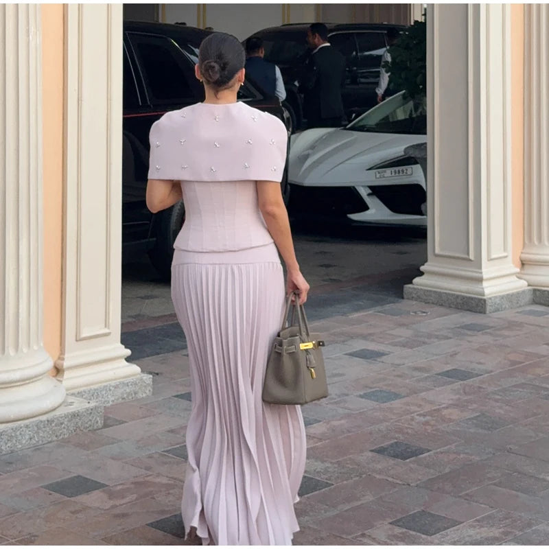 Elegant Shawl Pleated Top Long Skirt Women Set Sleeveless Tops Diamond Shawl High Waist Fashion Evening Skirts Summer Lady Suit