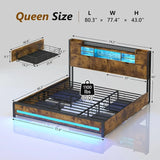 King Size Bed Frame with Charging Station 4 Storage Drawers RGB LED Lights 3 Tier & 2 Cabinets Storage Headboard with Hidden