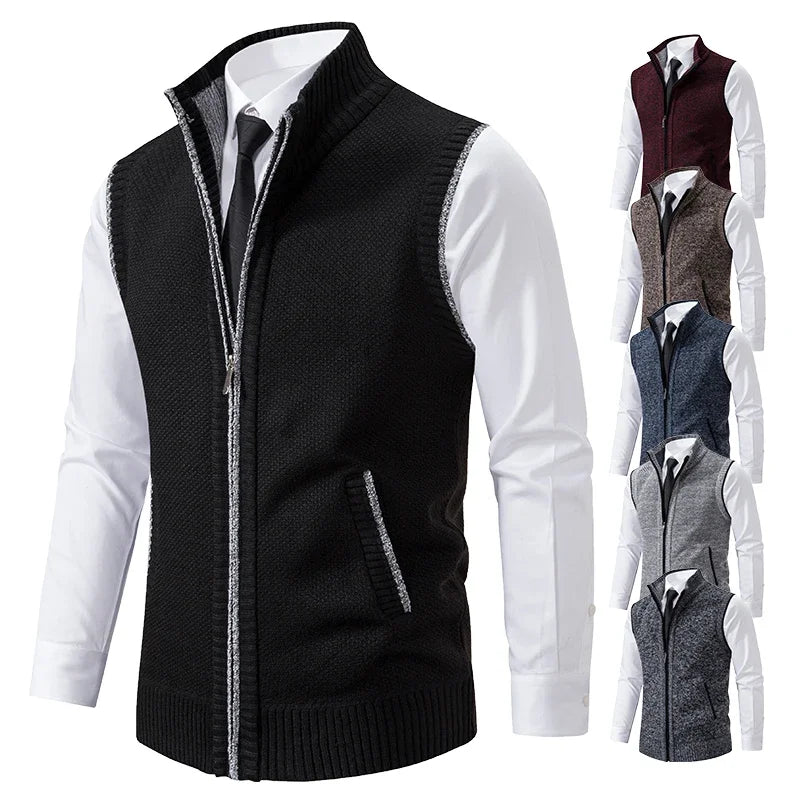 Vest Men Knitted Sleeveless Sweater Jacket Wool Velvet Zipper Cardigan Turn-down Pullovers Turtleneck Sweatercoat Knit Waistcoat