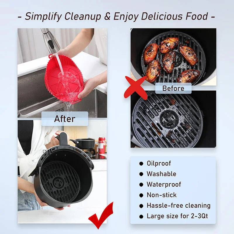 22cm Silicone Air Fryers Oven Baking Tray Pizza Fried Chicken Airfryer Basket Reusable Airfryer Pan Liner Accessories with Brush