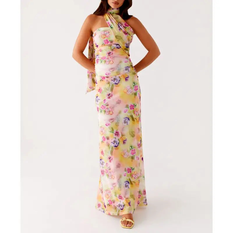 Combhasaki Women Straps attached Tube Long Dress Floral Print/Solid Summer Backless Casual Strapless Sundress with Choker Scarf
