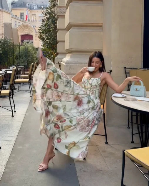 Chic Printed Sleeveless Halter Women's Vestidos Elegant Waist-cinching A-line Maxi Dresses 2026 Summer Lady Vacation Streetwear