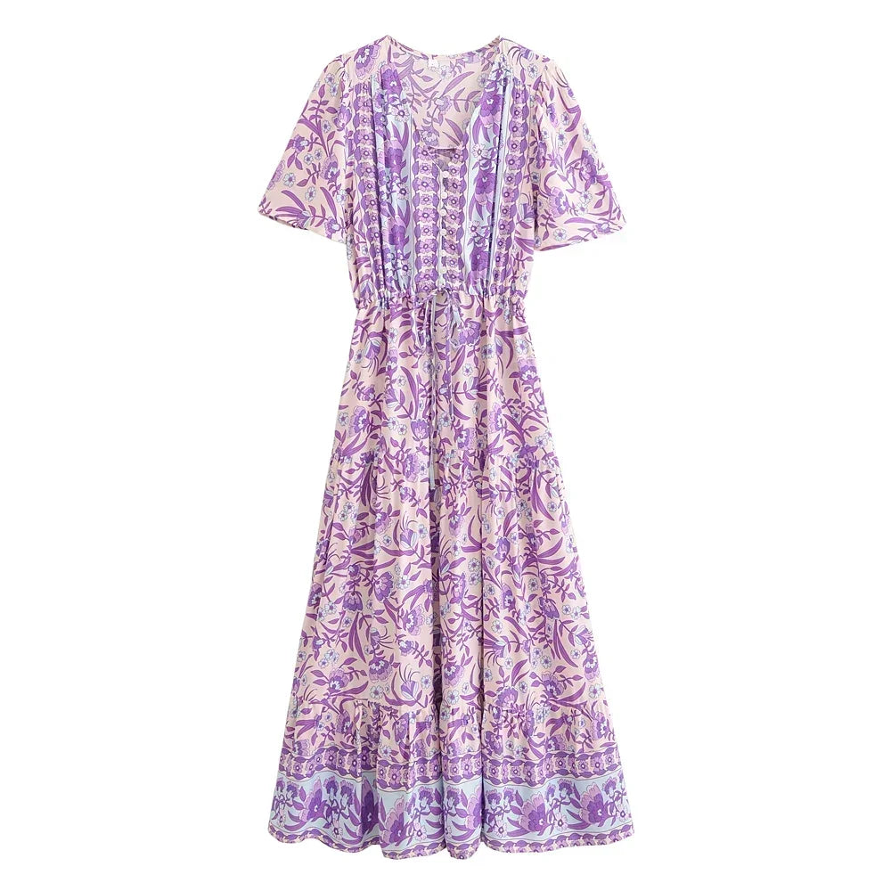 Happie Queens Women Floral Print Tie Neck Beach Bohemian Maxi Dresses Ladies Rayon Cotton Boho Pleated Dress Vestidos