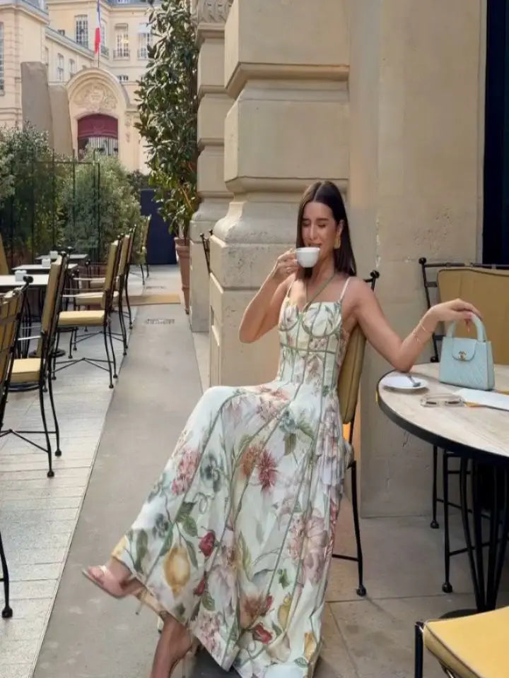 Chic Printed Sleeveless Halter Women's Vestidos Elegant Waist-cinching A-line Maxi Dresses 2026 Summer Lady Vacation Streetwear
