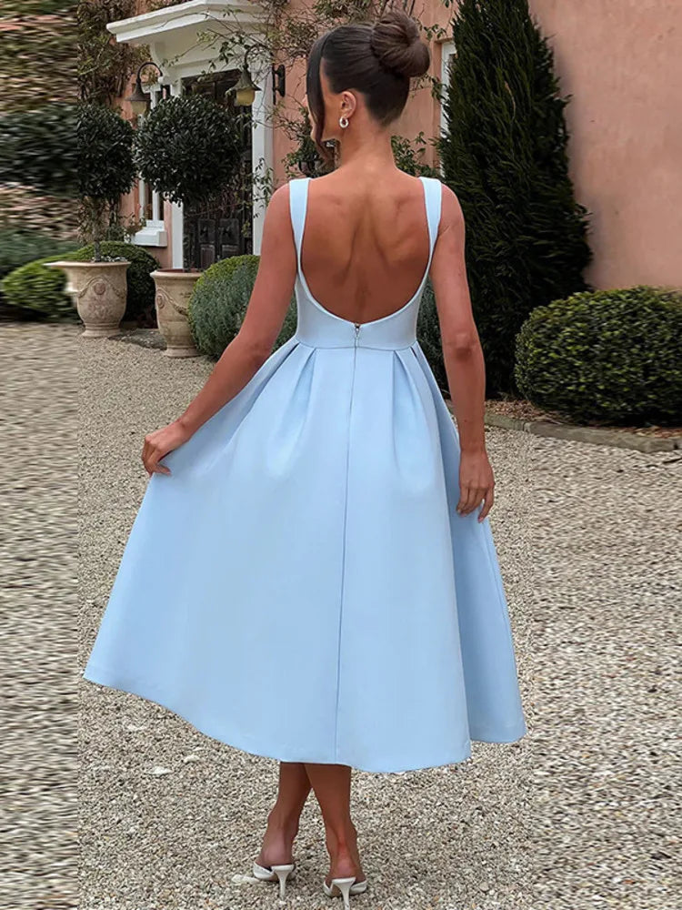 Townlike Pleated Waist Wrap A-line Dress Women Elegant Midi Long 2024 Summer Dress Backless Nightclub Sexy Party Dresses