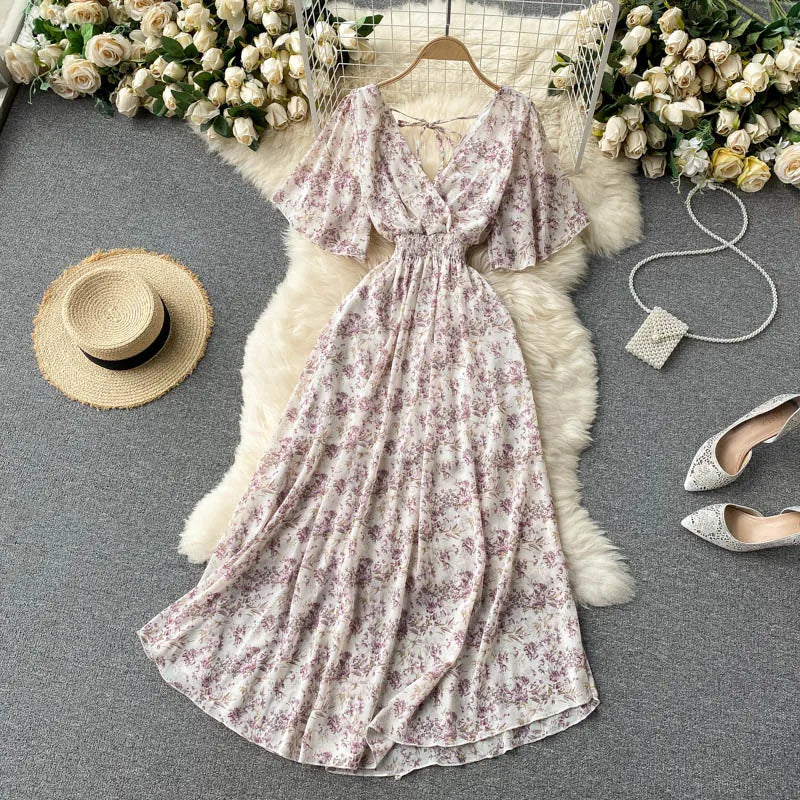 Retro Floral Print Ruffle Chiffon Elegant Midi Dress A-line V Neck Beach Vacation Dress Women Korean Fashion Summer Vestidos