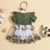 Infant Newborn Baby Girl Romper Dress Flower Embroidery Knit Rib Ruffles Crew Neck Jumpsuit Summer Bodysuit Bow Headband