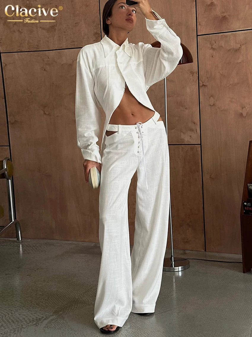 Clacive Fashion Loose White Linen Women's Two Pieces Set 2024 Elegant Long Sleeve Shirt With Mid Waist Wide Pants Set Streetwear