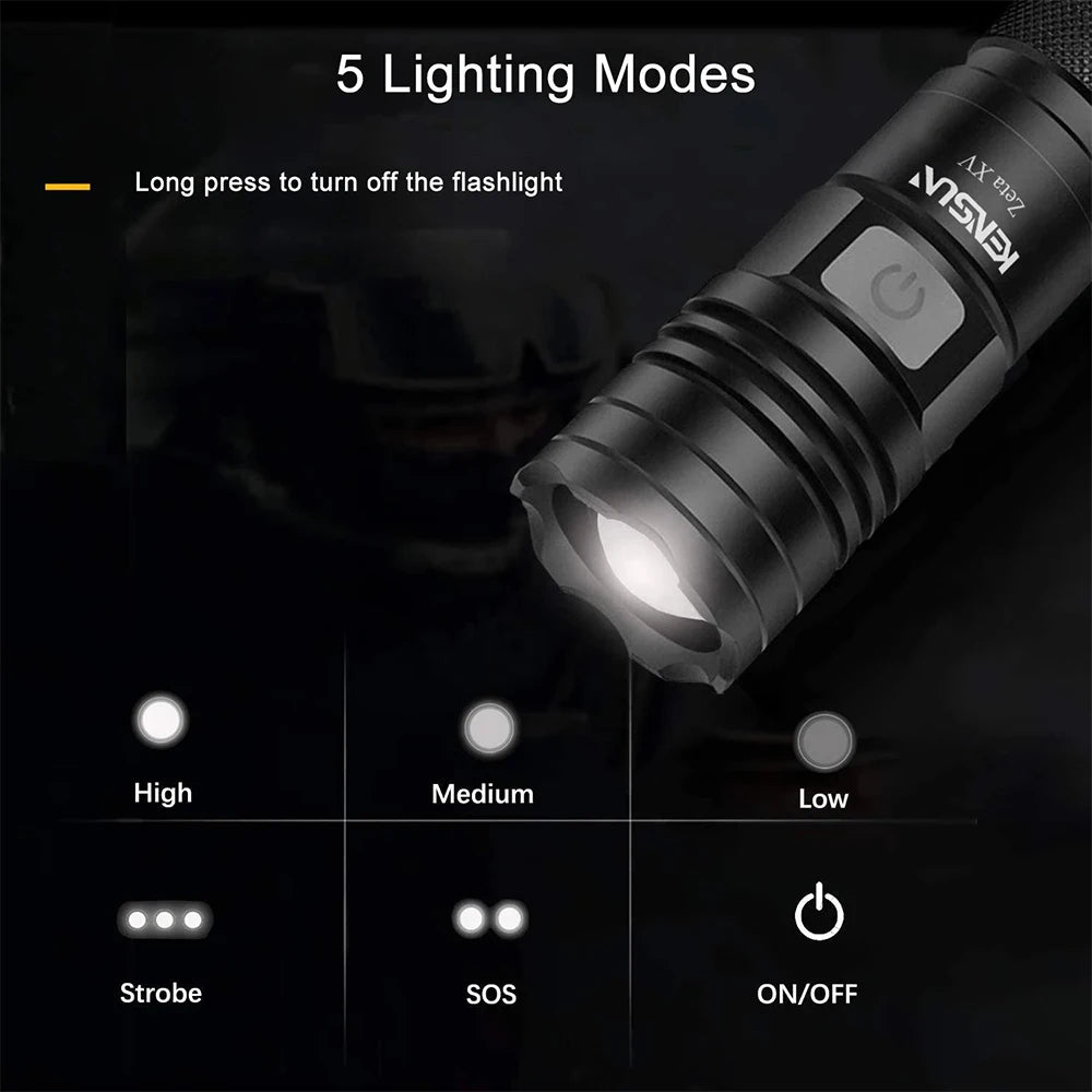 Portable Hand Lantern Powerful LED Flashlight Waterproof 5 Modes Zoom Torchlight Super Bright Torch USB Rechargeable Emerency