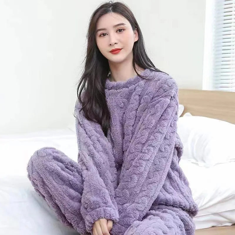 Autumn Women Solid Warm 2 Piece Sets Thicken Velvet Ribbed Fleece Set Pullover And Pants Women Casual Pajama Sets 2024