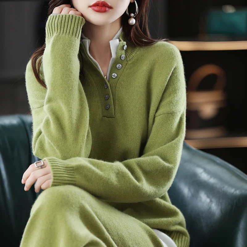 New 2023 Ladies 100% Cashmere Wool Suit Casual Long Sleeve Pullover Sweater Solid Color Knit Long Wide Leg Pants Pure Wool Suit