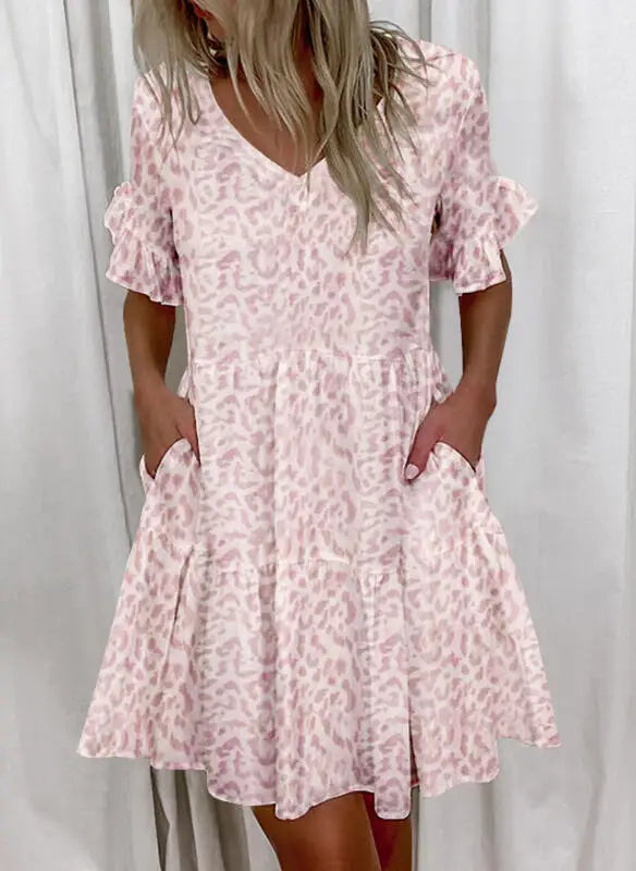 Women Summer Dress Casual V Neck Short Sleeve Butterfly Sleeve Floral Leaf Letter Print Mini Dresses Vestidos YSX9032