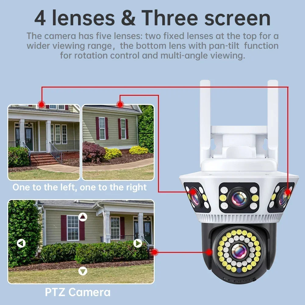 6K Outdoor WiFi Video Surveillance Camera 12MP Four-lens Three-screen AI Human Body Detection Bidirectional Voice IP Camera CCTV