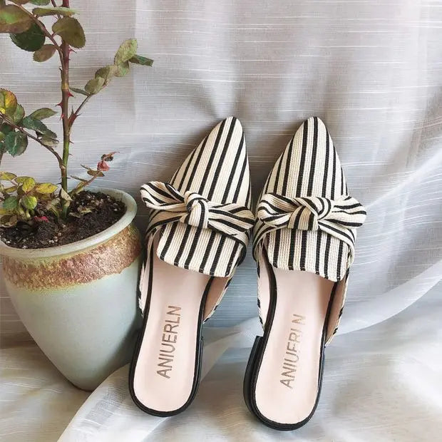 Shoes with Heel Mules Summer 2025 Beige Slides Plaid Bow Women's Slippers and Ladies Sandals Job Natural Skin I New Fashion