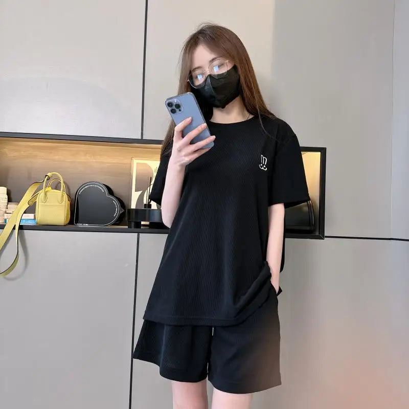 Casual Short Sleeved Shorts Set for Women's Solid Simple Loose Elastic Waist Tracksuit Thin Korean Loose Two-piece Trendy Set