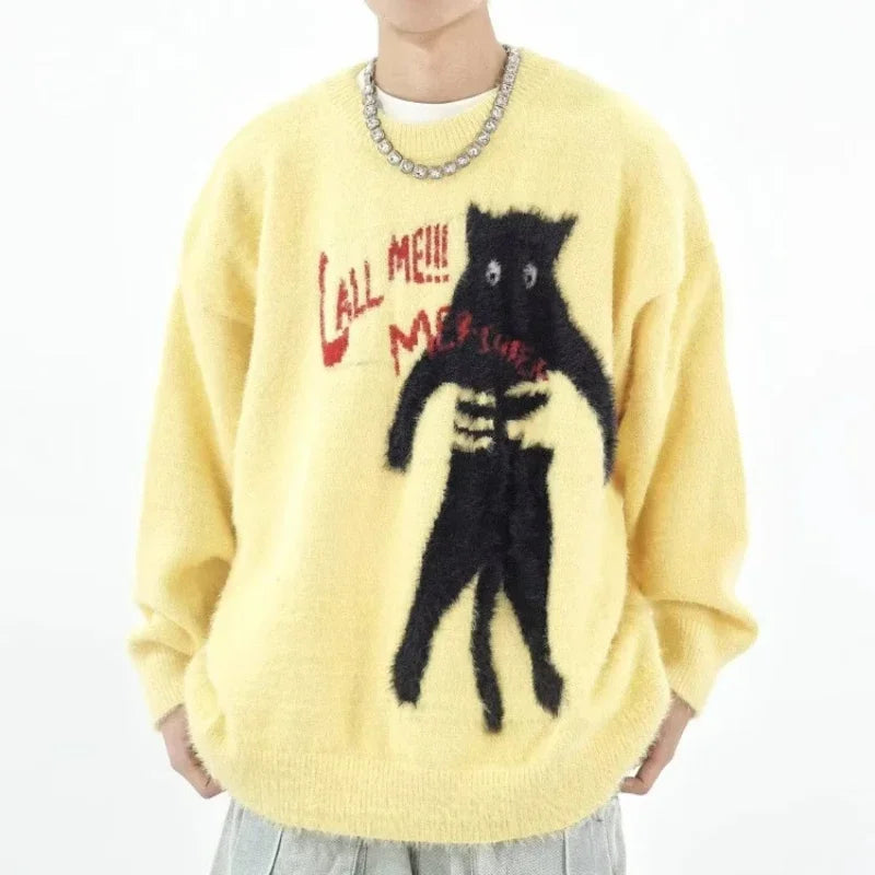 Cartoon Knitting Sweater Men Women Loose Knitted Jumpers Autumn Streetwear Harajuku Cat Pattern College Knit Pullovers Couple