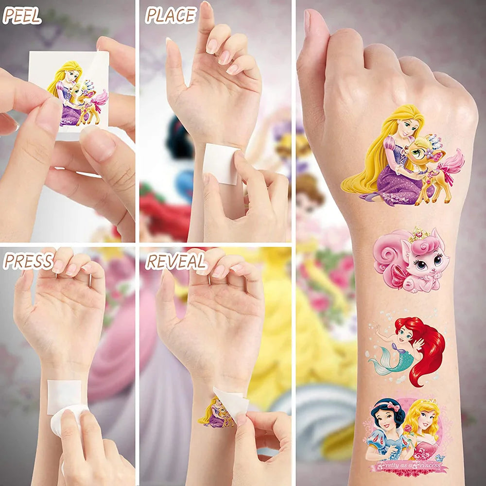 Disney Princess Tattoo Stickers Mermaid Snow White Aurora Princess Cartoon Stickers for Girls Birthday Party Baby Shower Supply