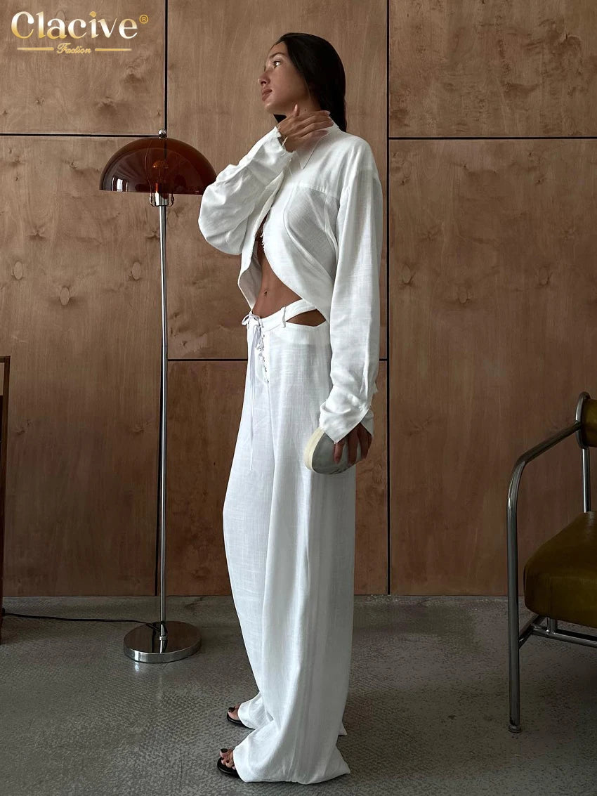 Clacive Fashion Loose White Linen Women's Two Pieces Set 2024 Elegant Long Sleeve Shirt With Mid Waist Wide Pants Set Streetwear